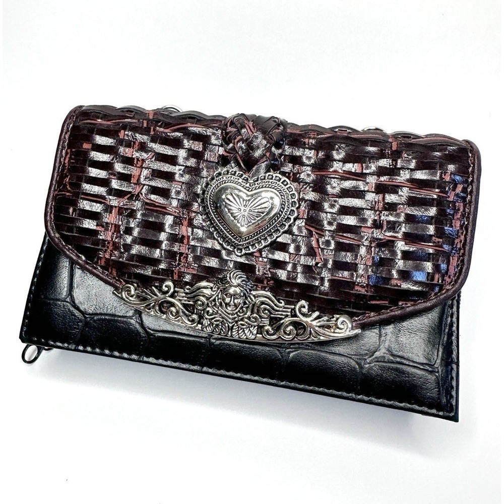 Western Crossbody Wallet Clutch Faux Croc Woven Leather Look Silver Heart Medusa - Picture 2 of 16